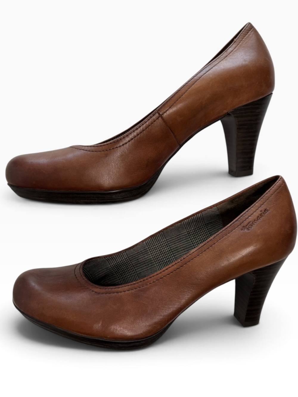Tamaris Womens Cognac Brown Leather Round Toe Pumps Size 39 8.5 Heels Anti-Shock